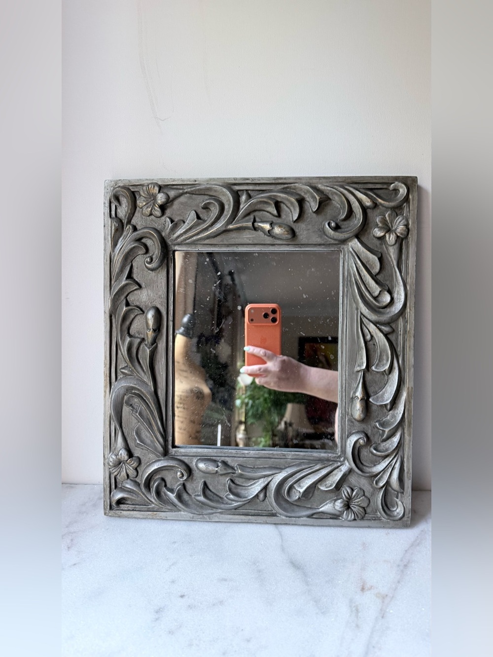 Decorative Floral Carved Square Wall Mirror - silver Gray - Picture 4 of 10